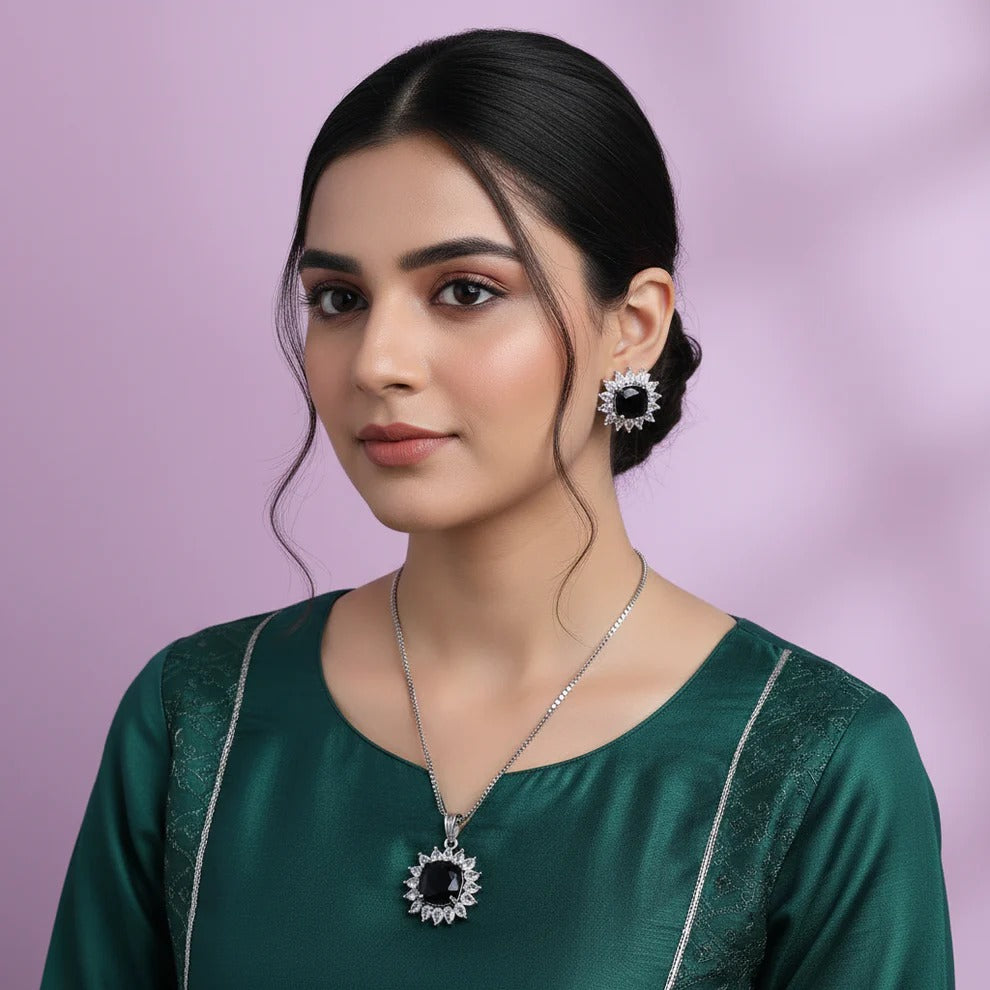 Black Natural Stone Silver - Jewelry Set Of 3