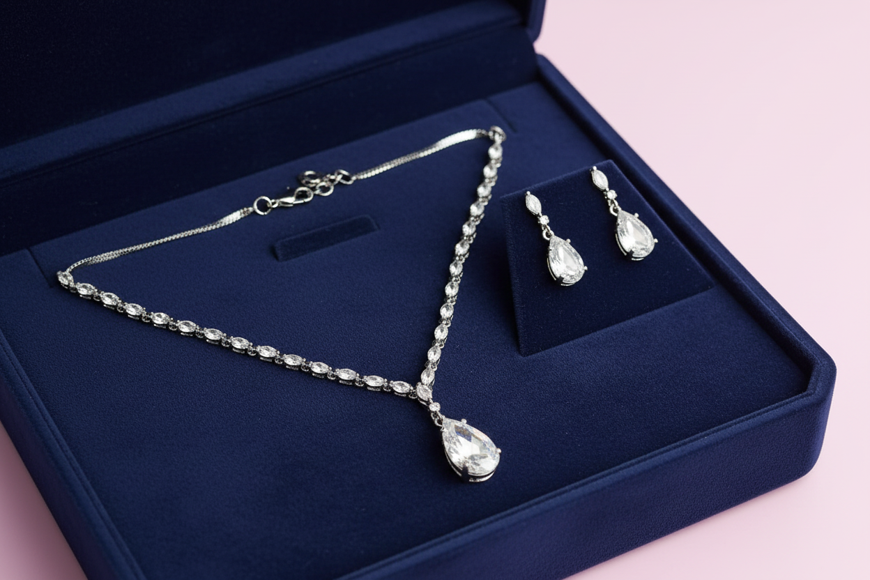 PJ-133 - Crystal Pink Natural Stone Rain Drop Diamonds Silver - Jewelry Set Of 2