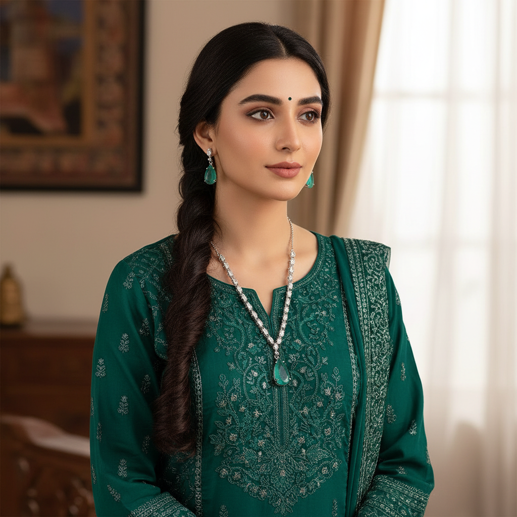 PJ-112 - Turquoise Green Natural Stone Square Diamonds Silver - Jewelry Set Of 2