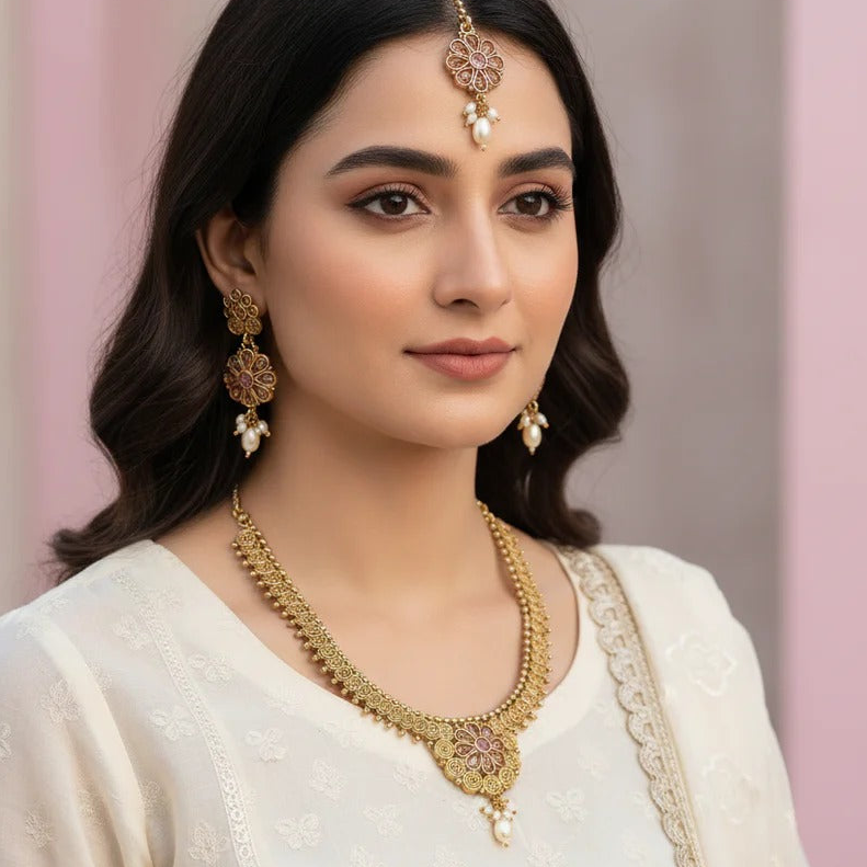 PJ-125 - Premium Gold Flowers Pink Diamonds Jewelry Set