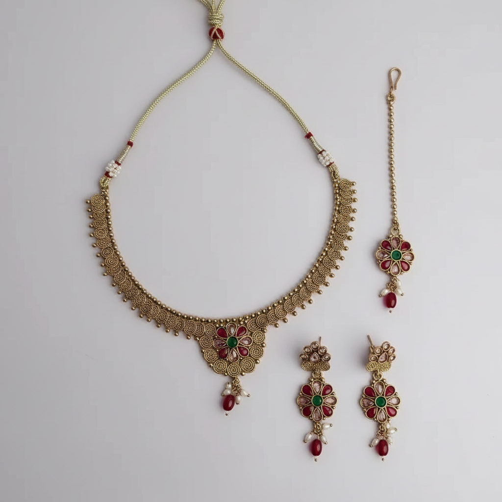 PJ-123 - Premium Gold Flowers Maroon & Green Diamonds Jewelry Set - Style 4
