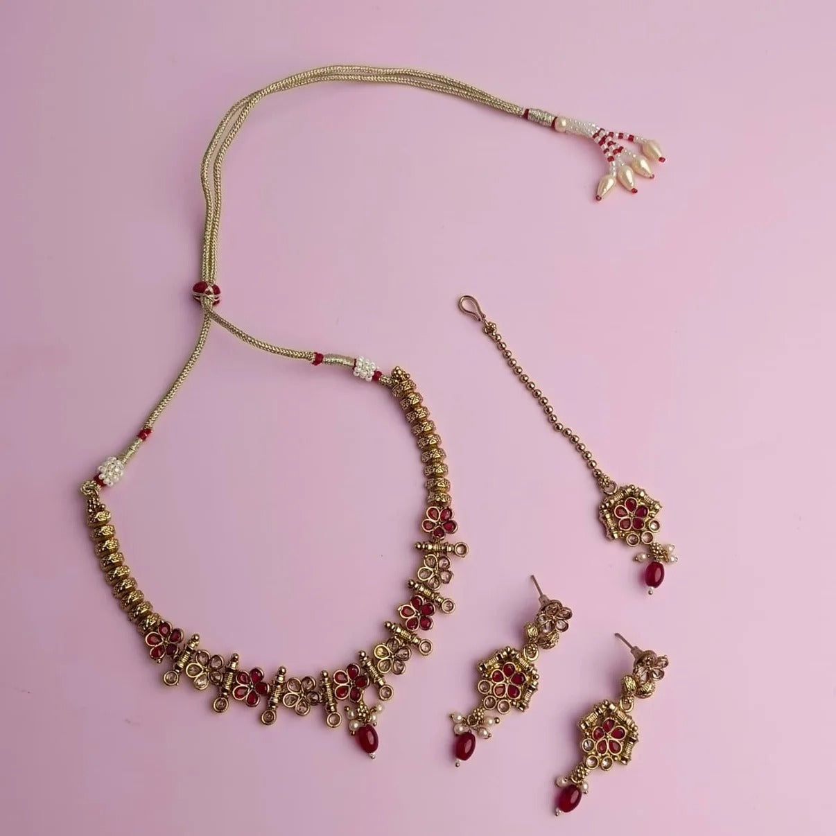 PJ-121 - Premium Gold Pearl & Flowers Maroon Diamonds - Jewelry Set