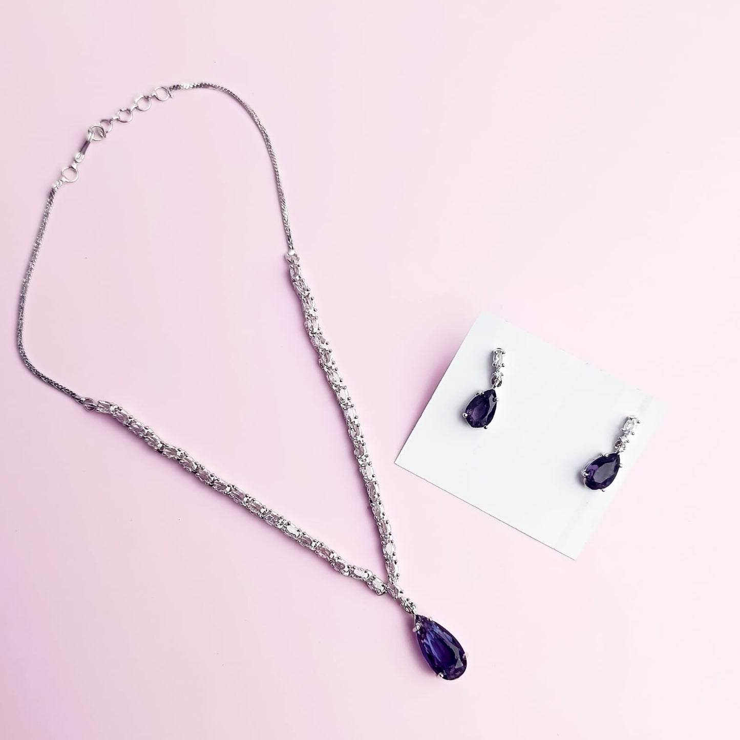 PJ-139 - Crystal Purple Natural Stone Square Diamonds Silver - Jewelry Set Of 2