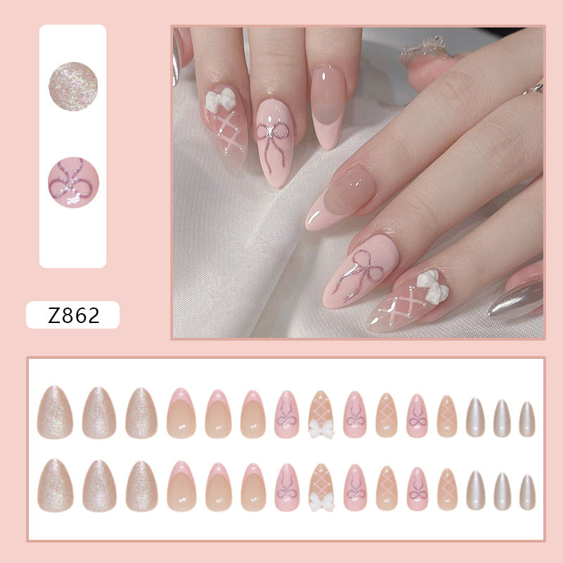 N-258 - Pastel Pink Bow - Press On Nail Set Of 24 - Free 24 Pcs Sticker Sheet Included