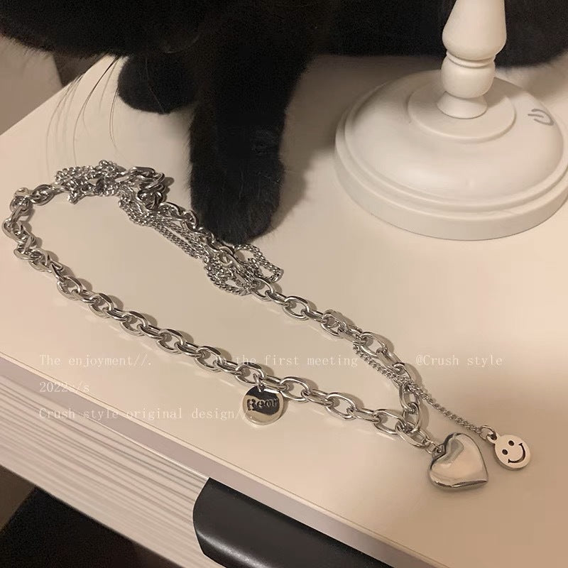 UNI-11965 - Titanium Steel Heart Silver Double Layer Chain - Necklace