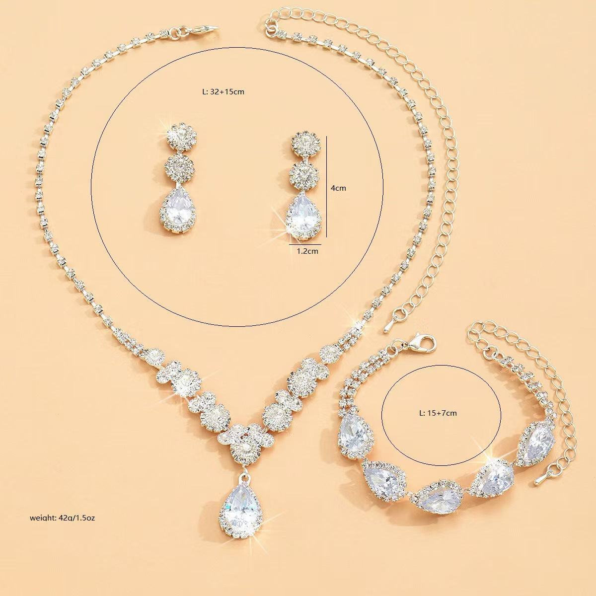 UNI-11955 - Premium White Diamonds Teardrop Silver - Jewelry Set