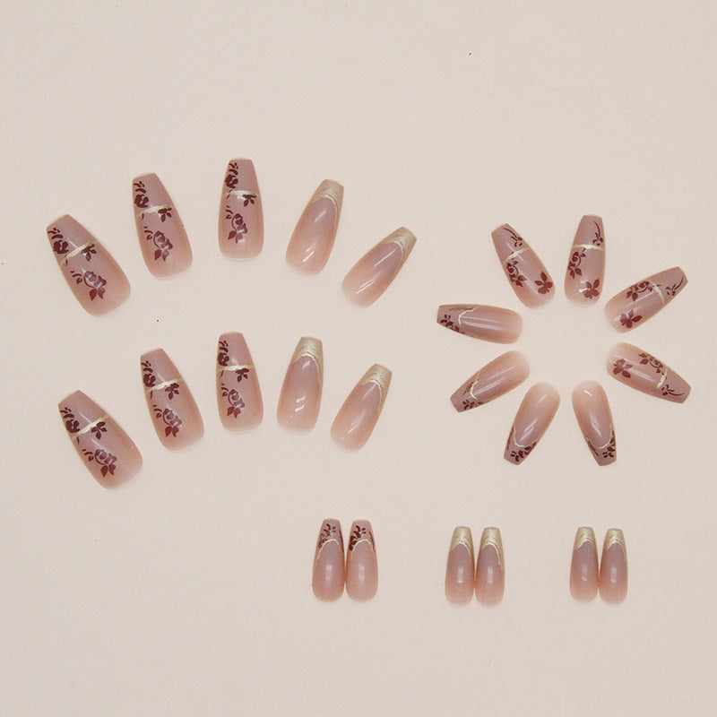 N-263 - Foiled Flower - Press On Nail Set Of 24 - Free 24 Pcs Sticker Sheet Included