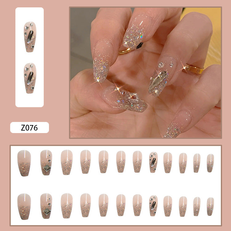 N-250 -Gem & Glitter Gold - Press On Nail Set Of 24 - Free 24 Pcs Sticker Sheet Included