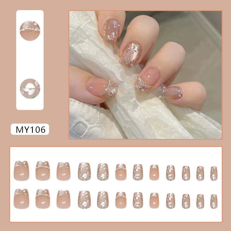 N-254 - Pearly Flower - Press On Nail Set Of 24 - Free 24 Pcs Sticker Sheet Included