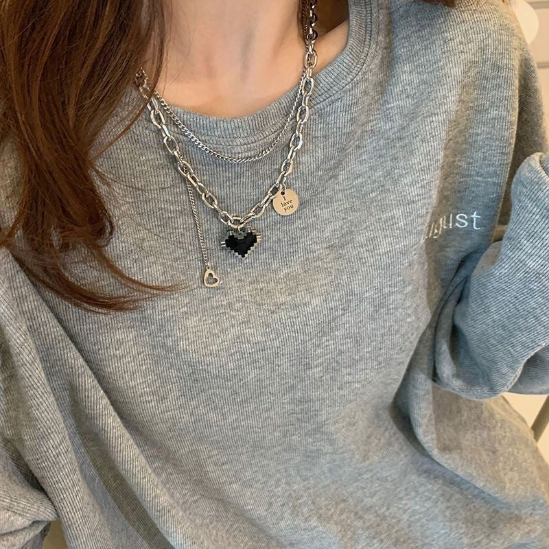 UNI-11963 -Black Heart Double Layer Chain - Necklace