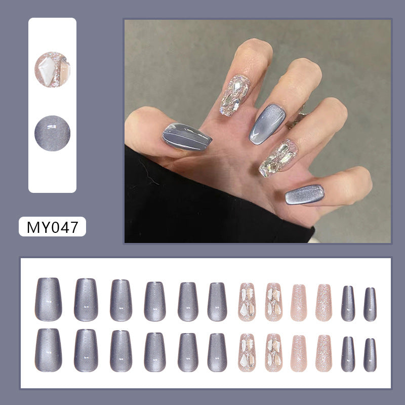 N-264 - Glacier & Crystal Diamonds- Press On Nail Set Of 24 - Free 24 Pcs Sticker Sheet Included