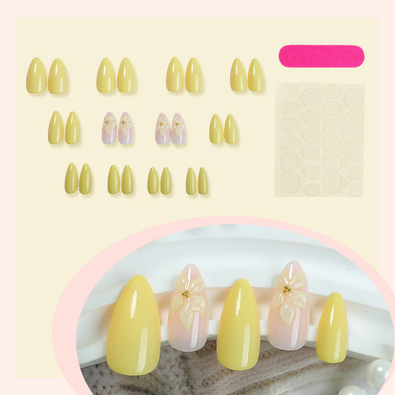 N-201 - Flower & Pale Yellow - Press On Nail Set Of 24 - Free Nail Kit Included