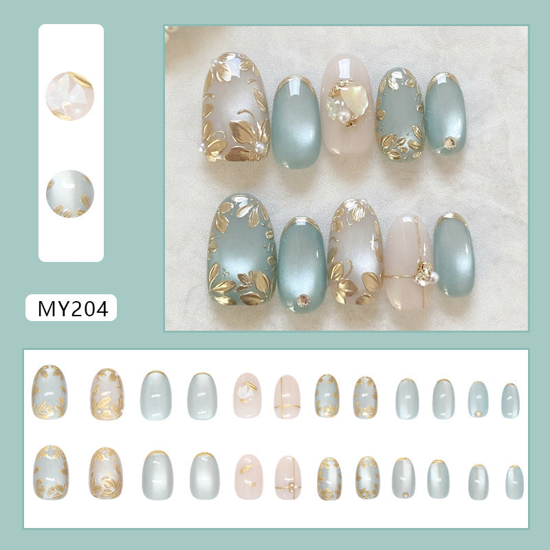 N-252 - Premium Gem Gold Flowers - Press On Nail Set Of 24 - Free 24 Pcs Sticker Sheet Included