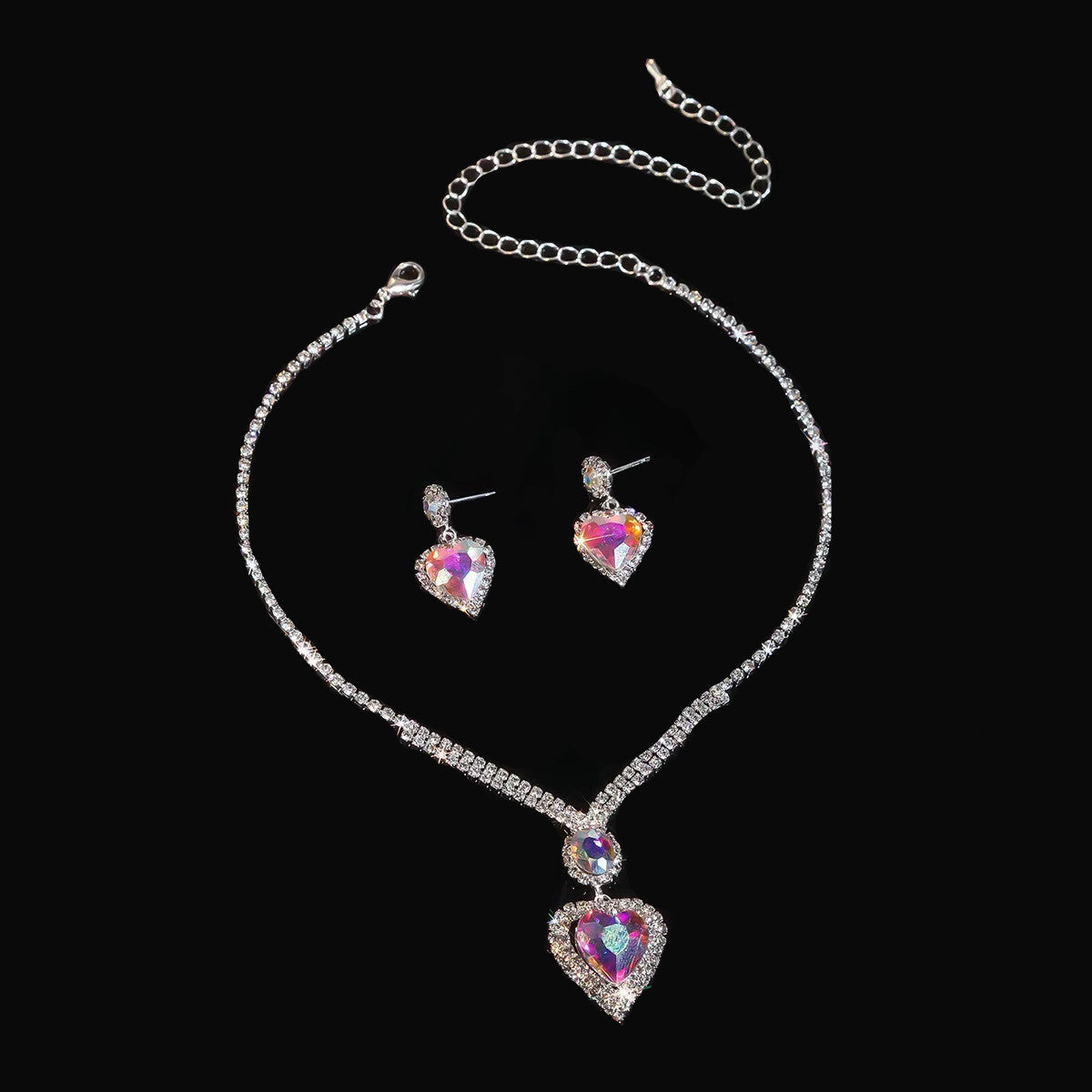UNI-11950 - Crystal Rainbow Heart Diamonds Silver - Jewelry Set