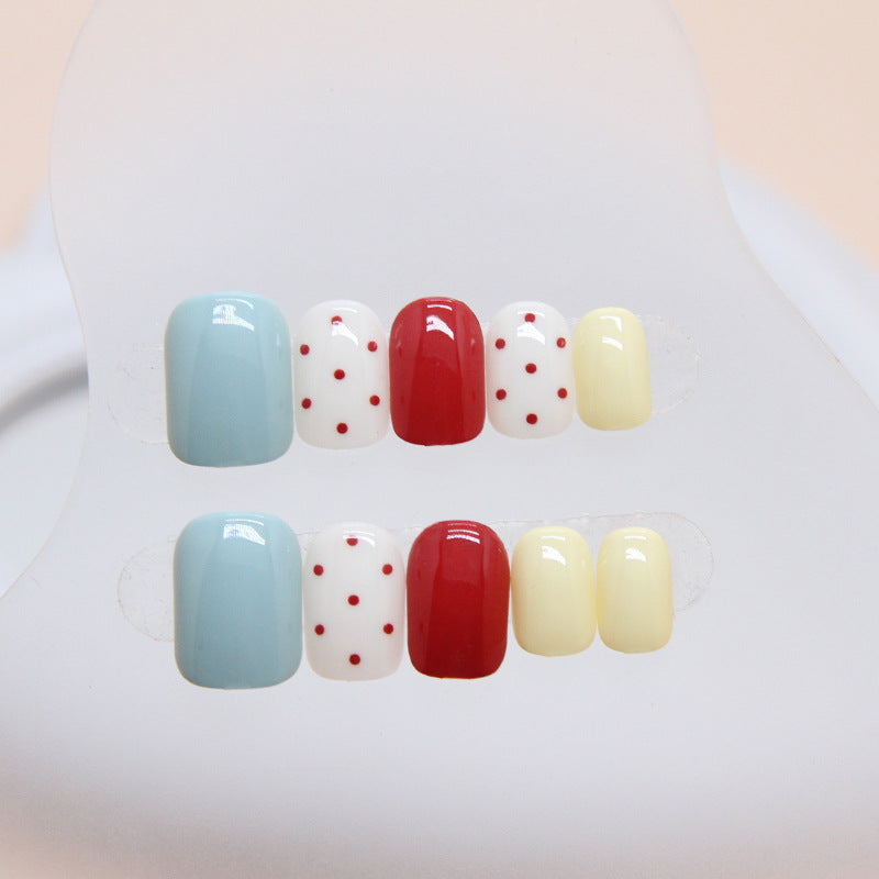 N-273 -Red Polka & Mix - Press On Nail Set Of 24 - Free 24 Pcs Sticker Sheet Included