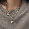UNI-11965 - Titanium Steel Heart Silver Double Layer Chain - Necklace