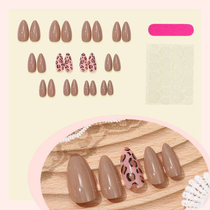 N-215 - Fancy Print & Pastel Brown - Press On Nail Set Of 24 - Free Nail Kit Included