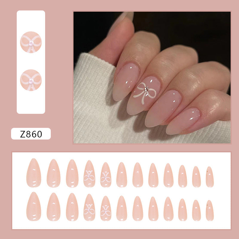 N-280 - Pastel Pink Bow - Press On Nail Set Of 24 - Free 24 Pcs Sticker Sheet Included
