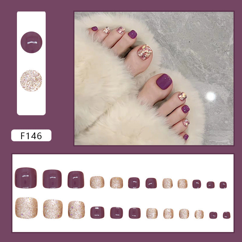 N-251 - Gold Glitter & Purple - Toenail Set Of 24- Free 24 Pcs Sticker Sheet Included