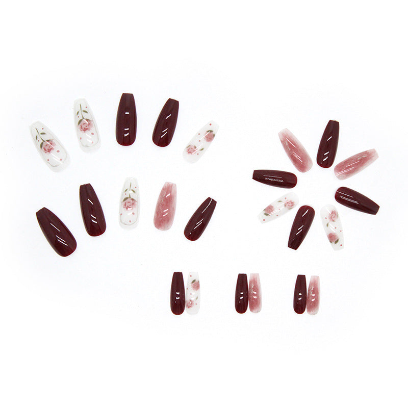 N-262- Pastel Flower & Red Maroon - Press On Nail Set Of 24 - Free 24 Pcs Sticker Sheet Included