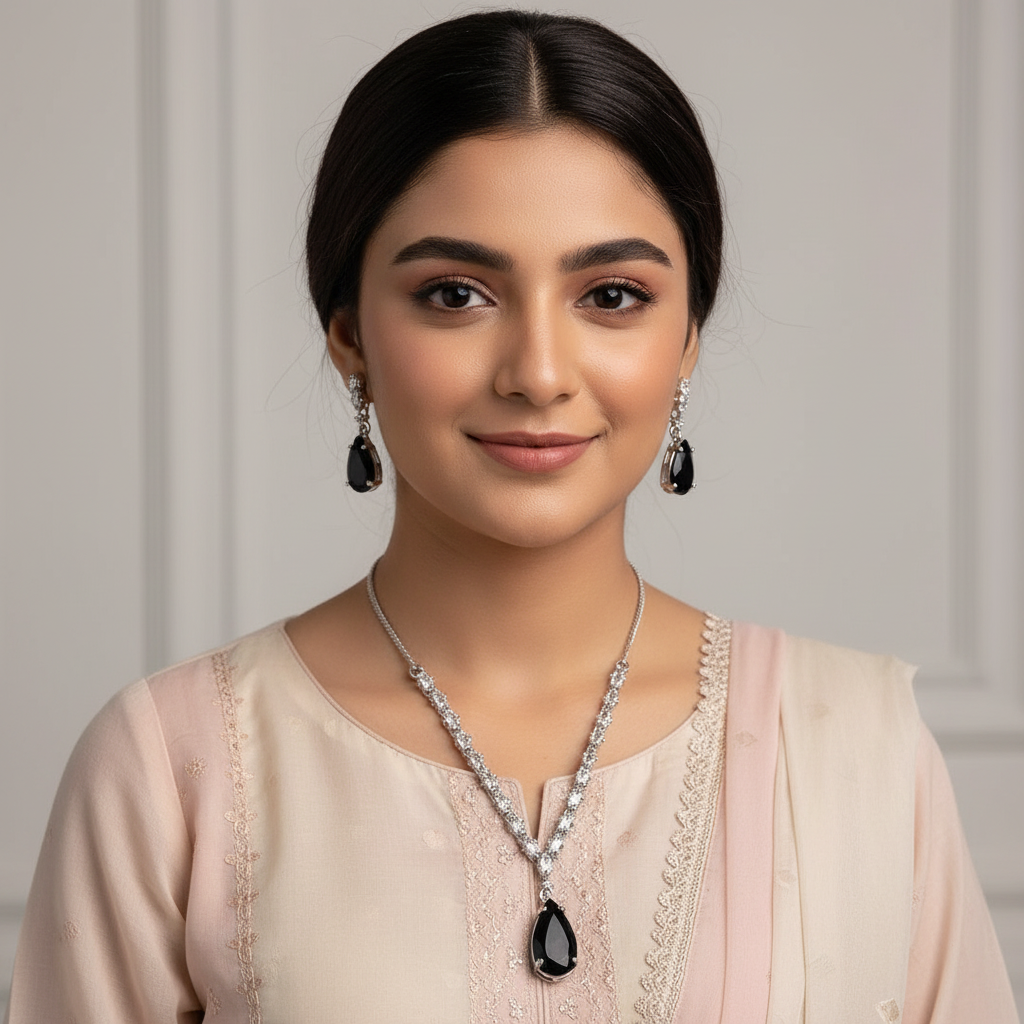 PJ-114 - Black Natural Stone Square Diamonds Silver - Jewelry Set Of 2