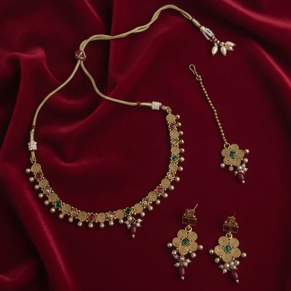 PJ-127 - Premium Gold Pearl Maroon & Green Diamonds Flowers - Jewelry Set
