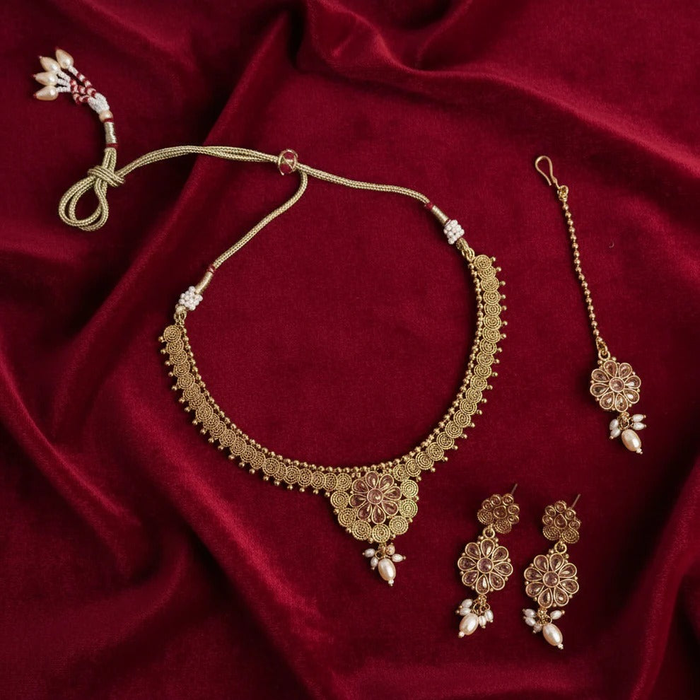 PJ-125 - Premium Gold Flowers Pink Diamonds Jewelry Set