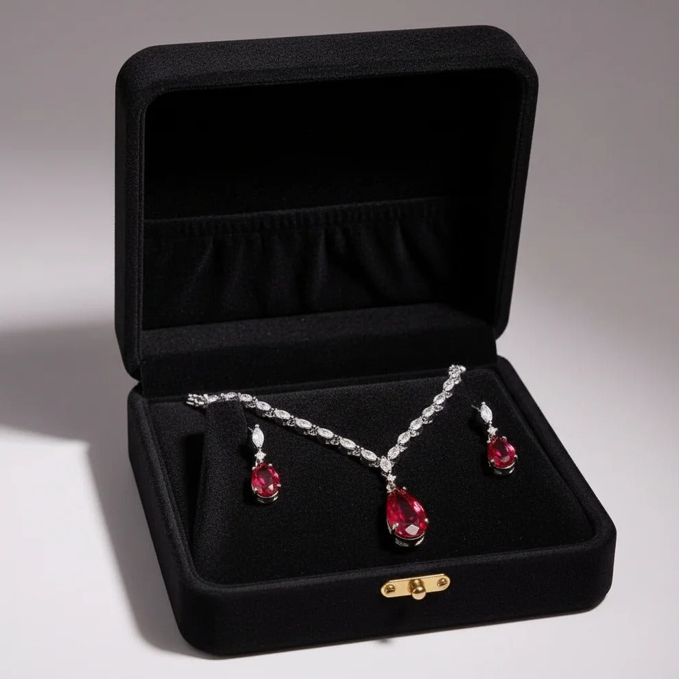 PJ-110 - Maroon Natural Stone Rain Drop Diamonds Silver - Jewelry Set Of 2