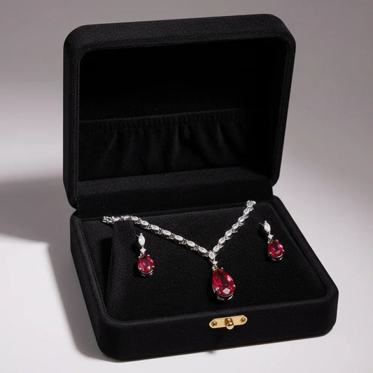 PJ-110 - Maroon Natural Stone Rain Drop Diamonds Silver - Jewelry Set Of 2