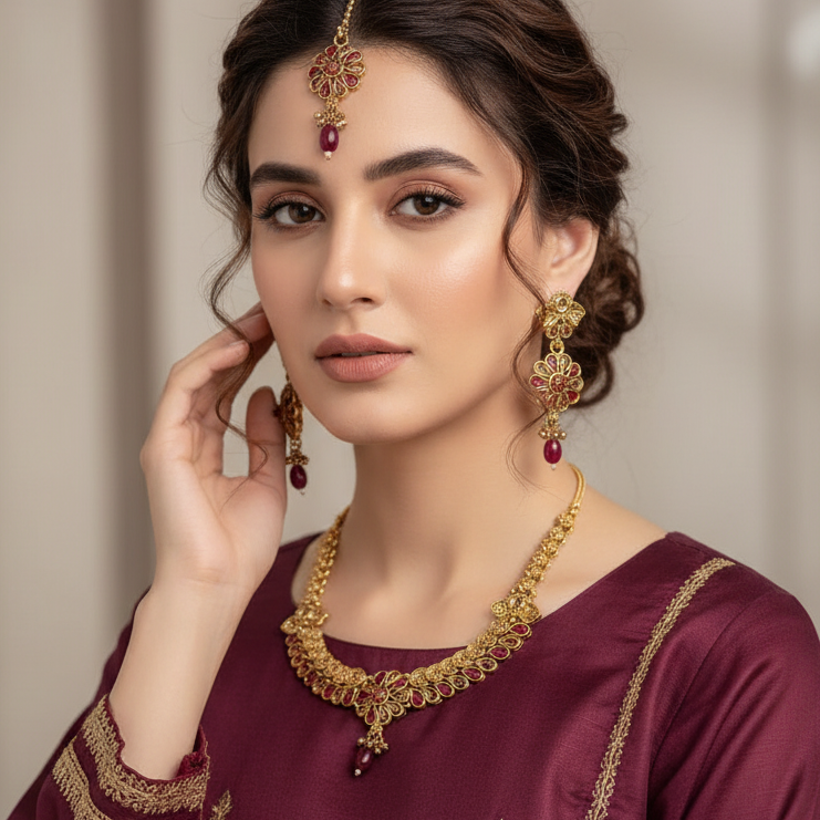 PJ-129 - Premium Maroon Gold Flowers - Jewelry Set