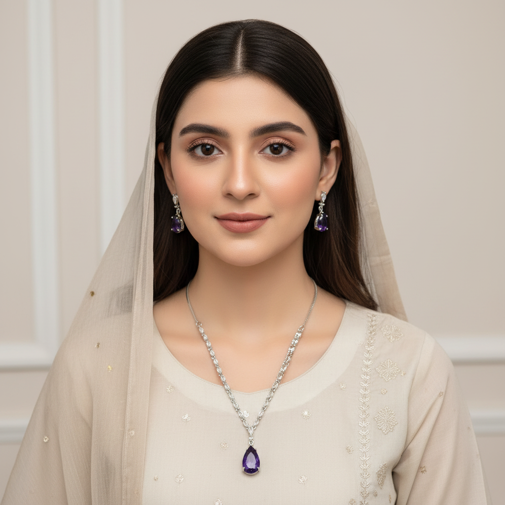 PJ-138 - Crystal Purple Natural Stone Rain Drop Diamonds Silver - Jewelry Set Of 2