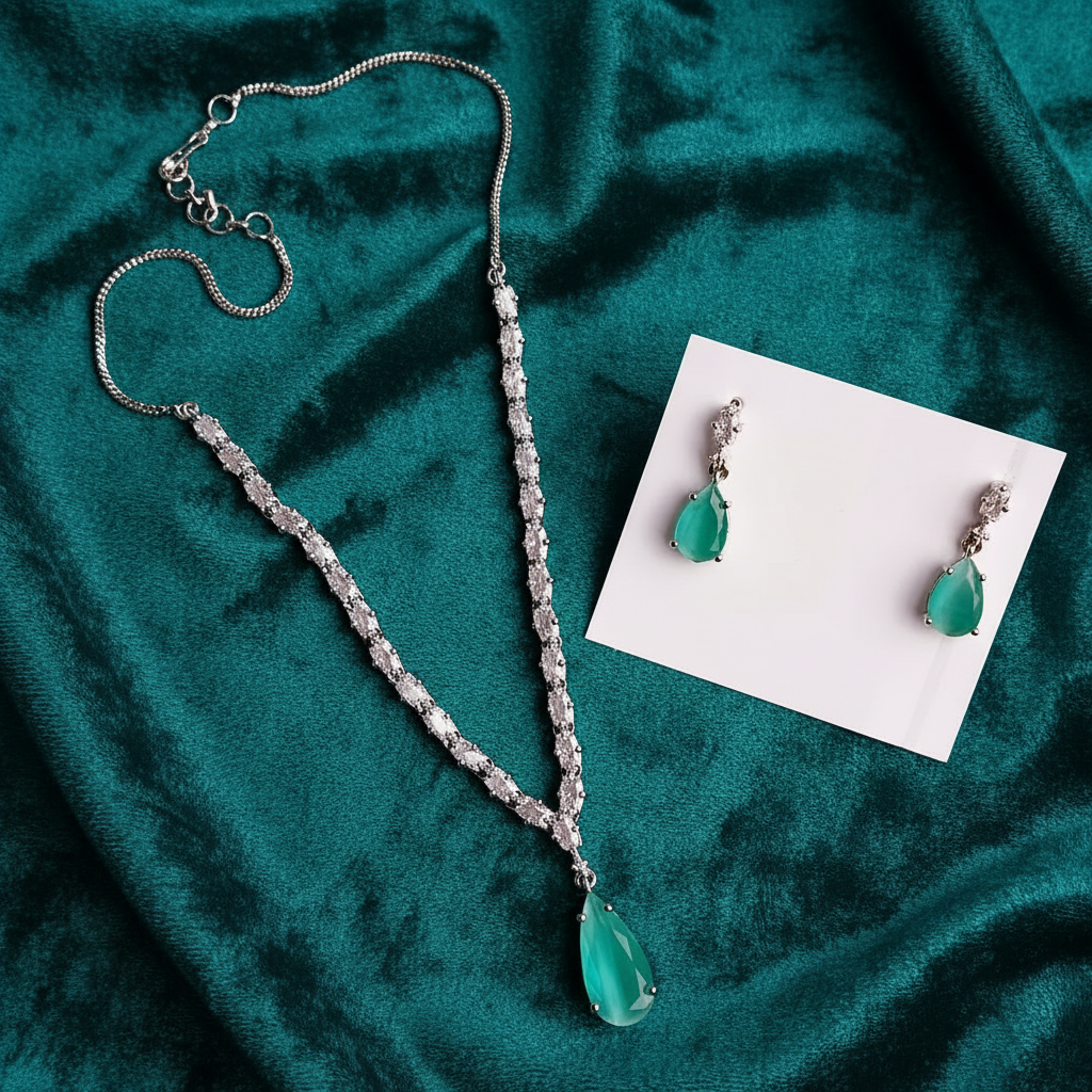 PJ-112 - Turquoise Green Natural Stone Square Diamonds Silver - Jewelry Set Of 2
