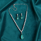 PJ-112 - Turquoise Green Natural Stone Square Diamonds Silver - Jewelry Set Of 2