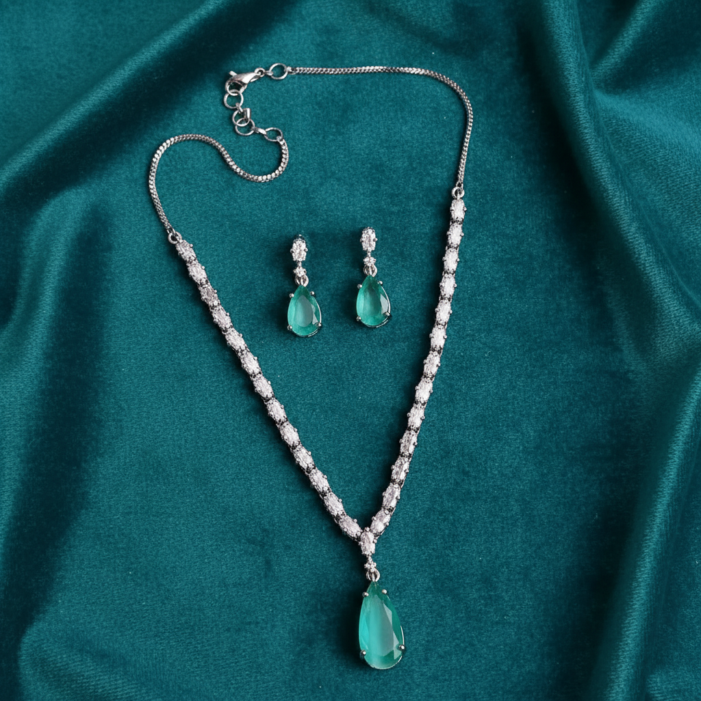 PJ-112 - Turquoise Green Natural Stone Square Diamonds Silver - Jewelry Set Of 2