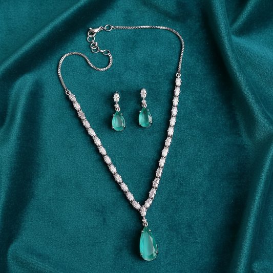 PJ-112 - Turquoise Green Natural Stone Square Diamonds Silver - Jewelry Set Of 2