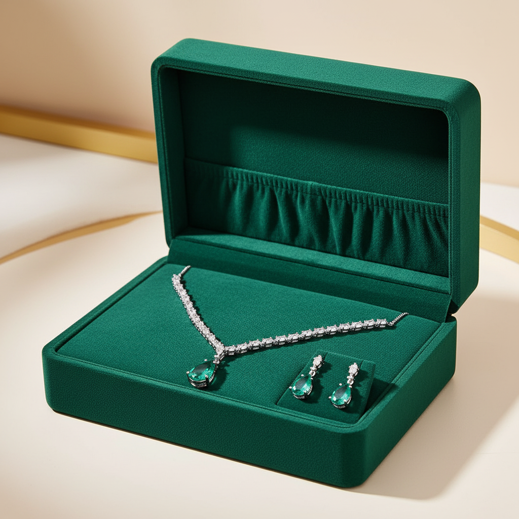 PJ-112 - Turquoise Green Natural Stone Square Diamonds Silver - Jewelry Set Of 2