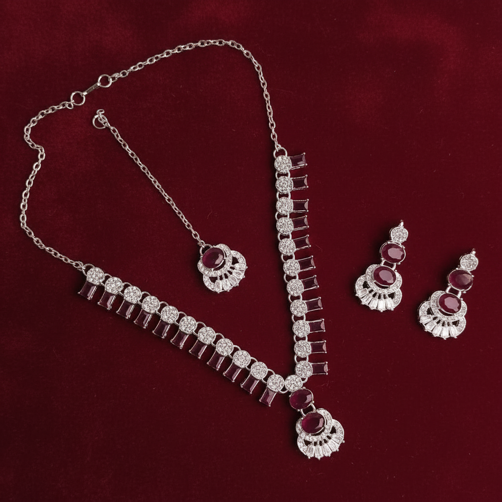 PJ-115 - Zircon Diamonds Mala Silver - Jewelry Set