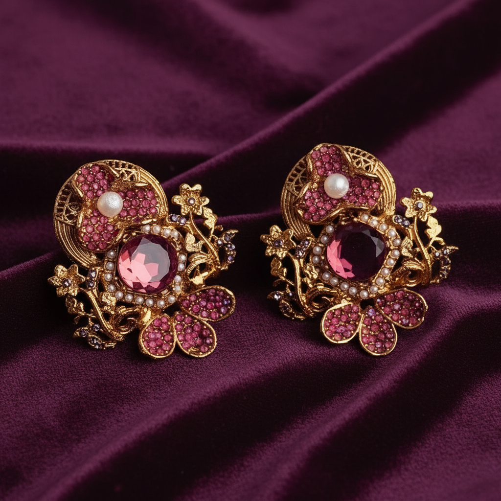 PJ-119 - Maroon Flower Emended Diamonds Vintage Gold - Earring