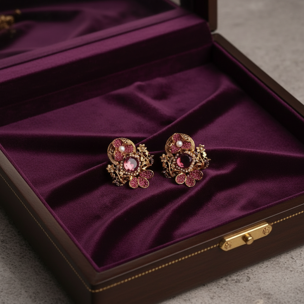 PJ-119 - Maroon Flower Emended Diamonds Vintage Gold - Earring