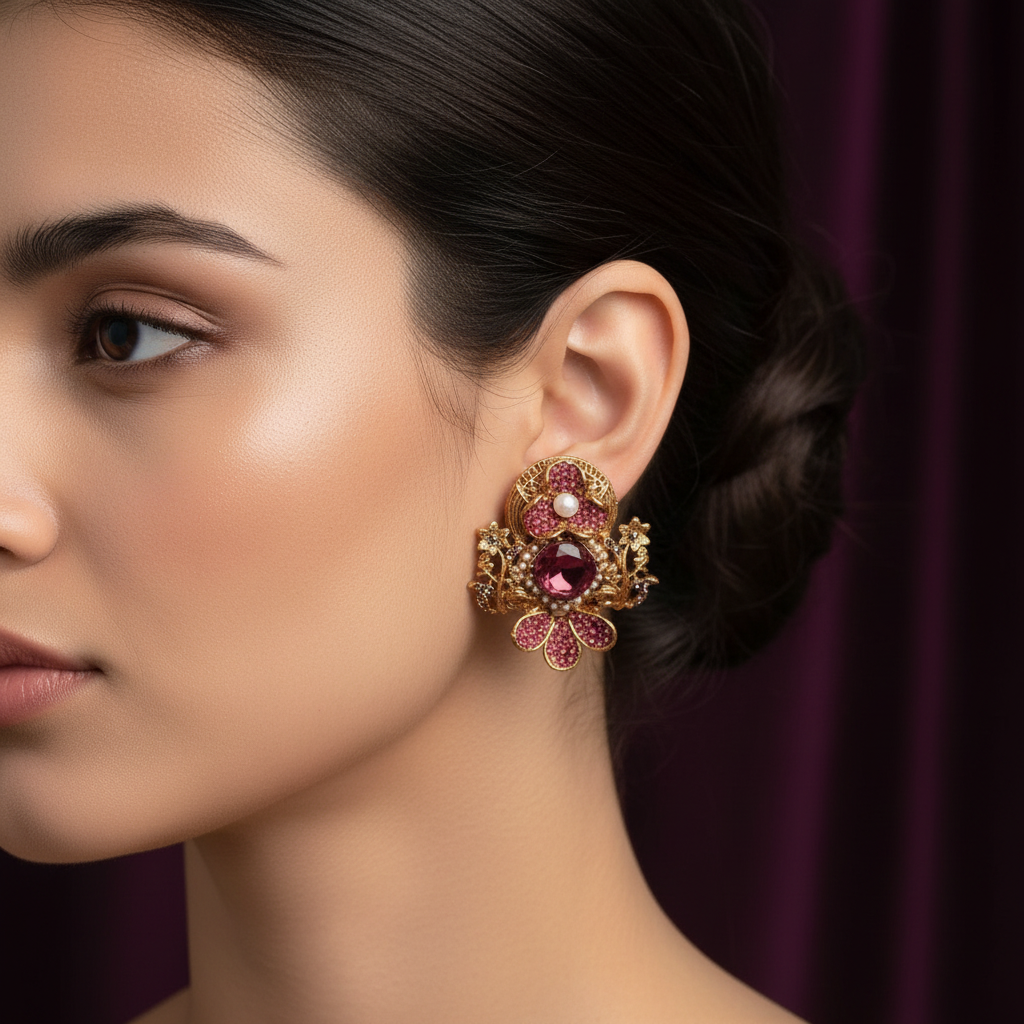 PJ-119 - Maroon Flower Emended Diamonds Vintage Gold - Earring