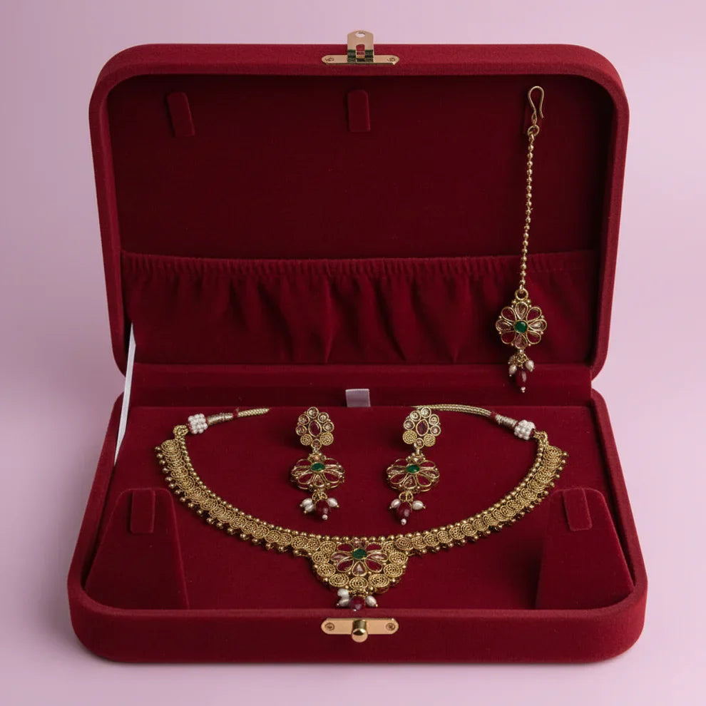 PJ-123 - Premium Gold Flowers Maroon & Green Diamonds Jewelry Set - Style 4