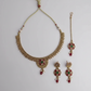 PJ-123 - Premium Gold Flowers Maroon & Green Diamonds Jewelry Set - Style 4