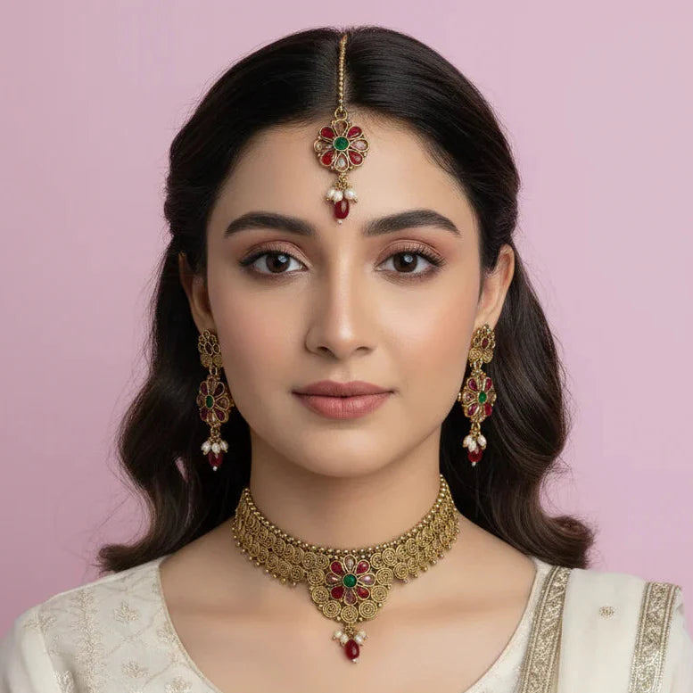 PJ-123 - Premium Gold Flowers Maroon & Green Diamonds Jewelry Set - Style 4