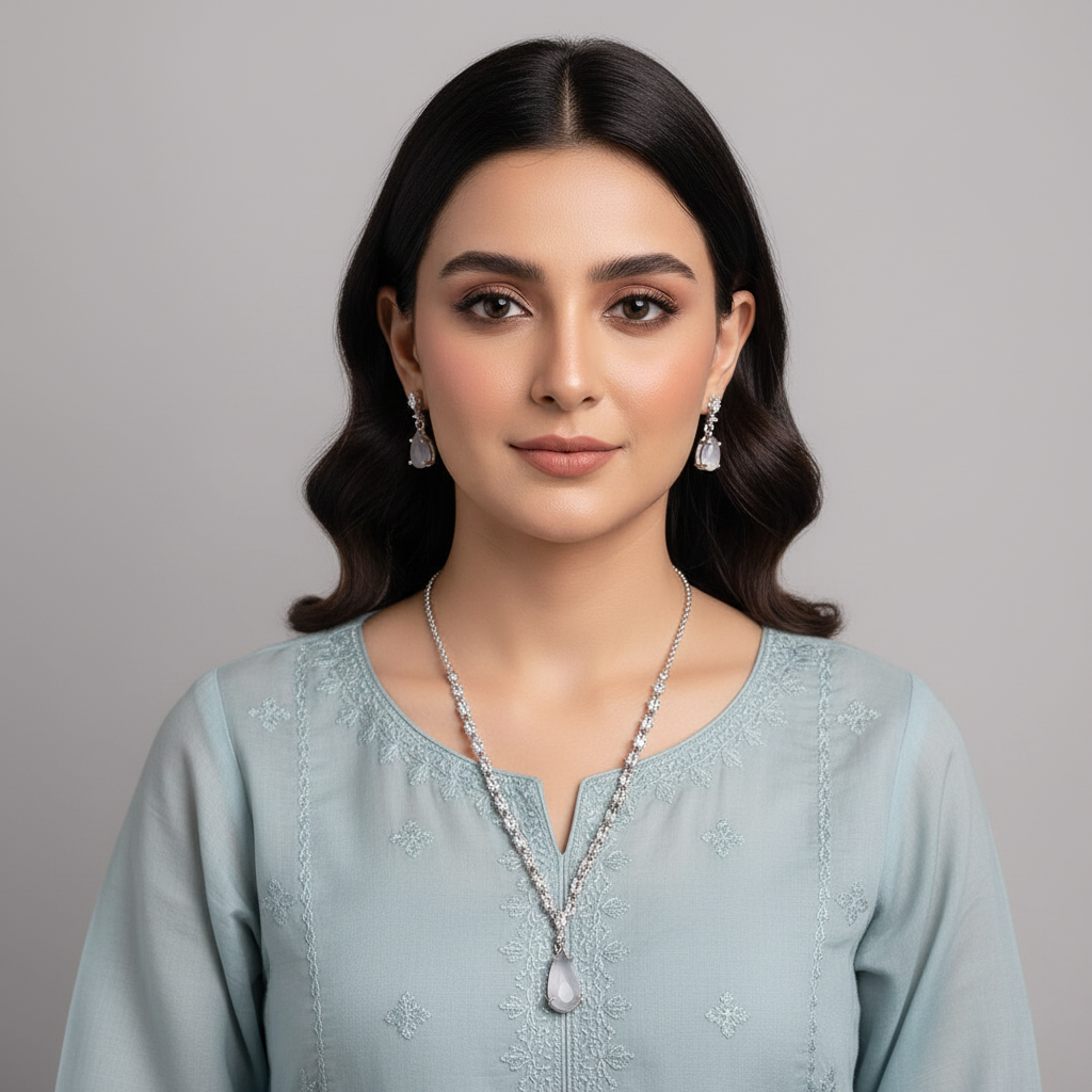 PJ-113 - Matte White Natural Stone Square Diamonds Silver - Jewelry Set Of 2