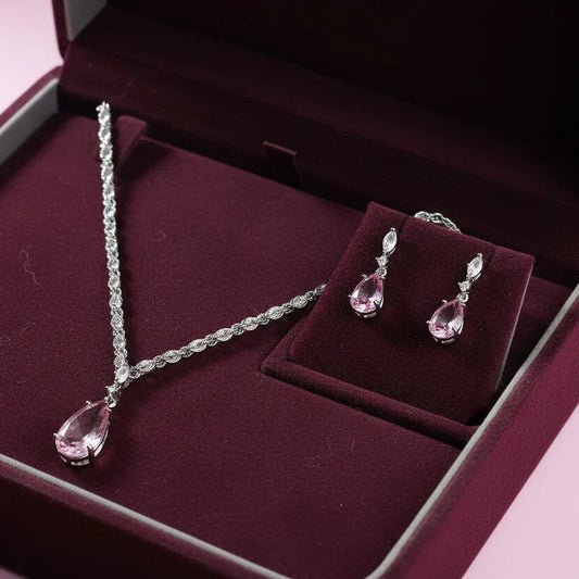 PJ-133 - Crystal Pink Natural Stone Rain Drop Diamonds Silver - Jewelry Set Of 2
