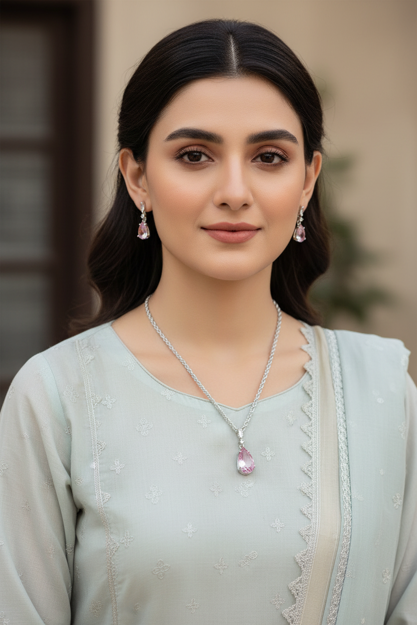 PJ-133 - Crystal Pink Natural Stone Rain Drop Diamonds Silver - Jewelry Set Of 2