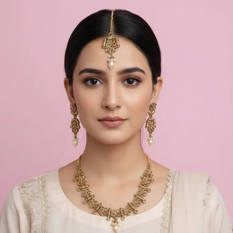 PJ-120 - Premium Gold Pearl & Diamonds Flowers - Jewelry Set