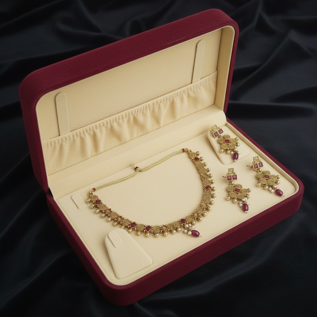 PJ-126 - Premium Gold Maroon Pearl & Diamonds Flowers - Jewelry Set