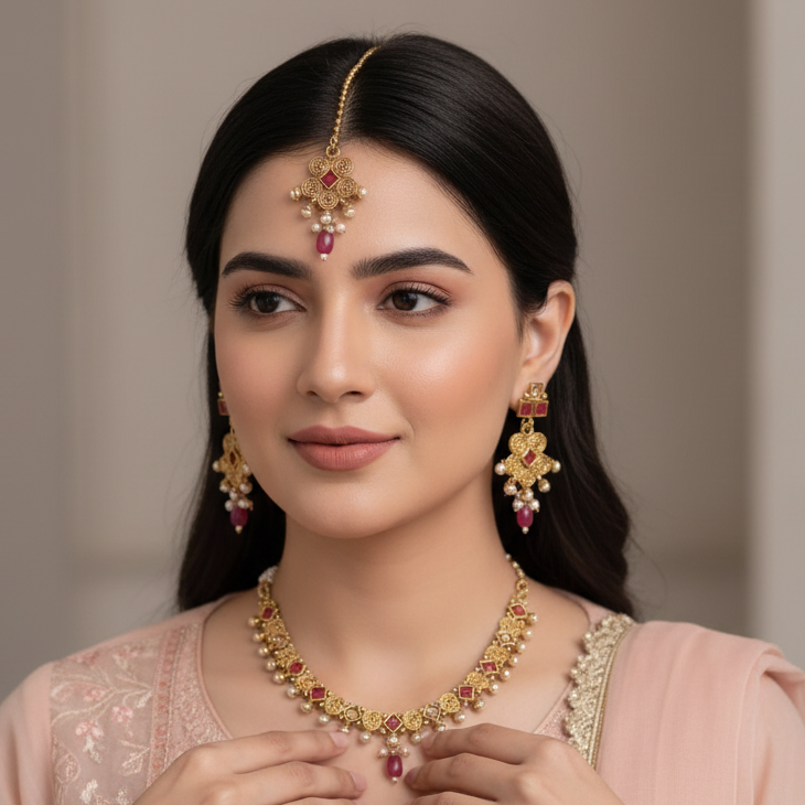 PJ-126 - Premium Gold Maroon Pearl & Diamonds Flowers - Jewelry Set