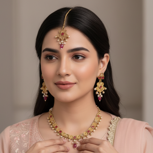 PJ-126 - Premium Gold Maroon Pearl & Diamonds Flowers - Jewelry Set